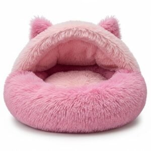 Soft Pink Plush Pet Bed Featuring Fluffy Interior and Cute Ears